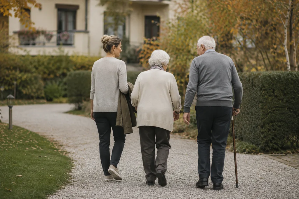 Eine jüngere Frau begleitet ein älteres Paar auf einem Kiesweg im Garten einer Pflegeeinrichtung.